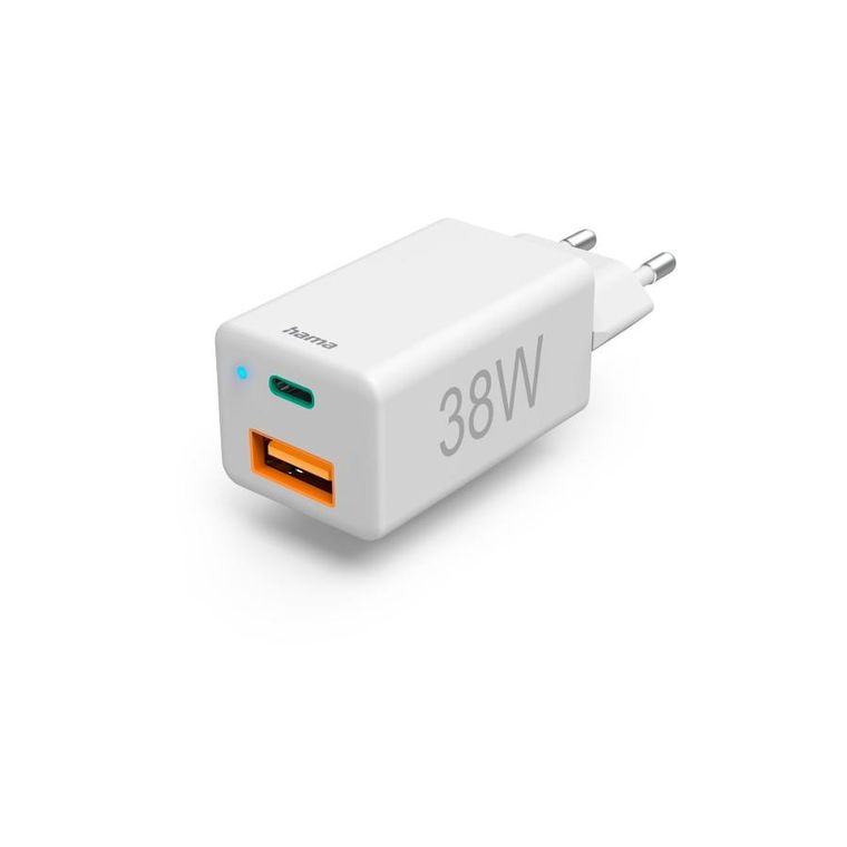 Hama, ładowarka sieciowa mini 38w, pd/qc, 1x USB-c, 1x USB-a, biała