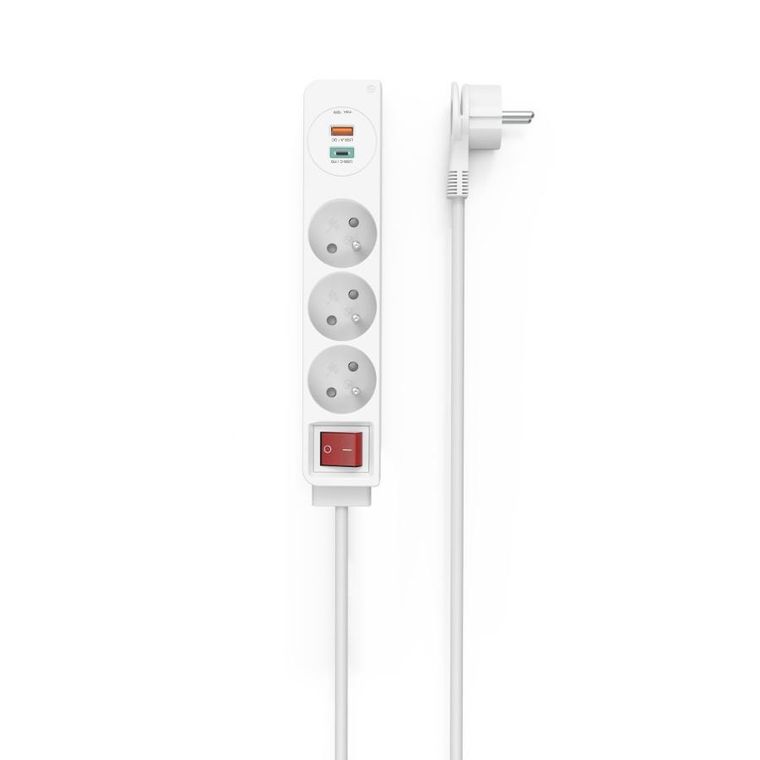 Hama, listwa zasilająca, 3 gniazdka + 2xUSB C/A