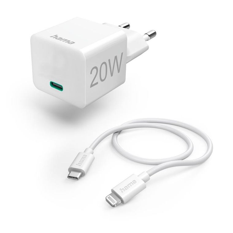 Hama, Qualcomm, ładowarka sieciowa mini, 20W, kabel USB-C, 20W, lightning, biała