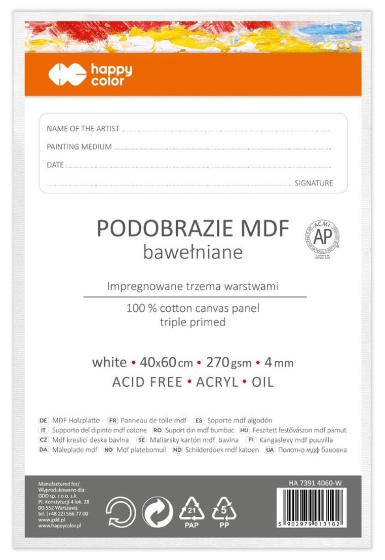 Happy Color, podobrazie bawełniane, impregnowane białe, MDF, 4 mm, 40-60 cm