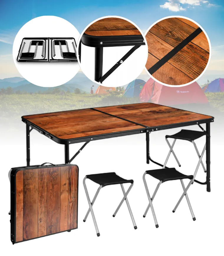 Hedo, zestaw stół turystyczny i 4 krzesła, składany w walizkę, 5w1, brązowy