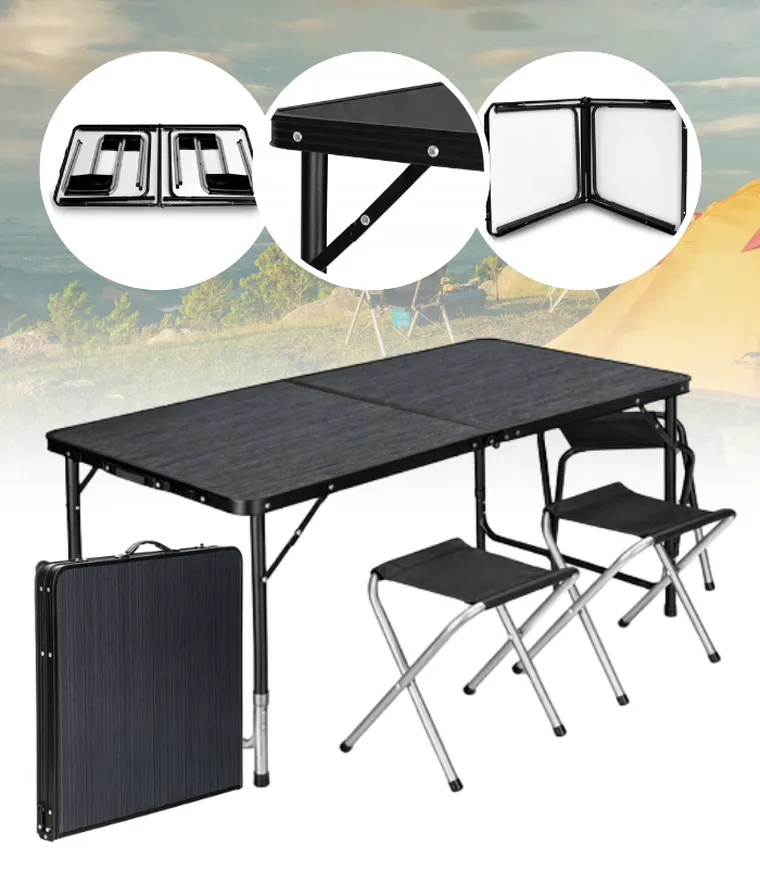 Hedo, zestaw stół turystyczny i 4 krzesła, składany w walizkę, 5w1, czarny