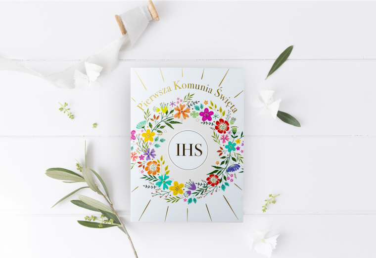 Henry, karnet B6, I Komunia Święta, z kieszonką, kwiaty