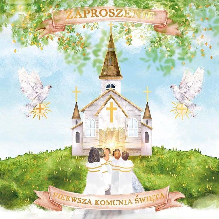Henry, zaproszenie, Komunia, kościółek z dziećmi, 5 szt.