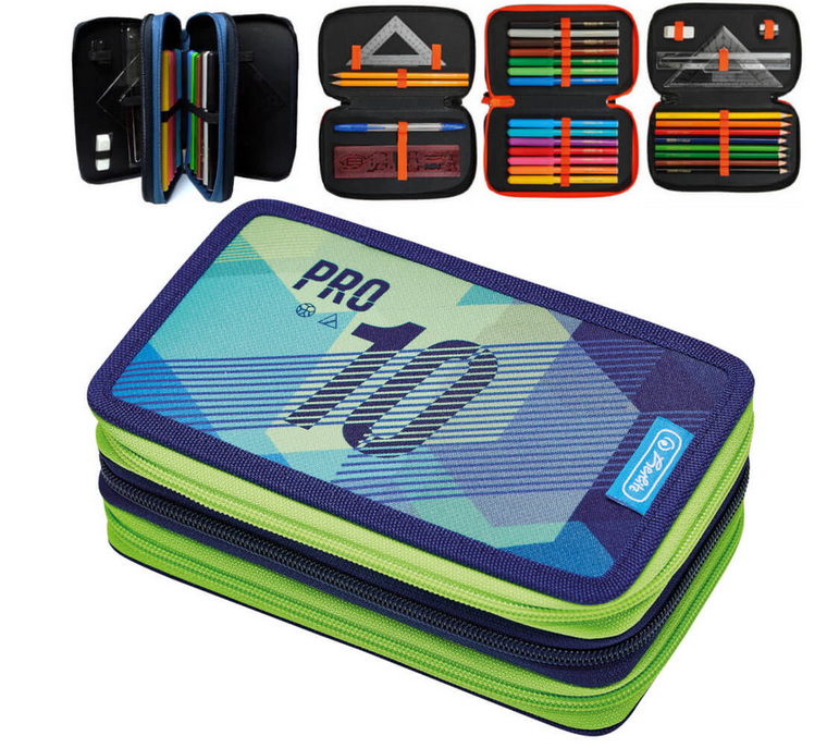 Herlitz, piórnik 3- komorowy z wyposażeniem, Green Goal