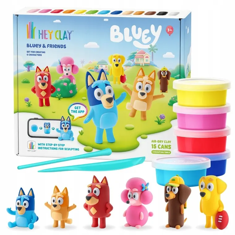 Hey Clay, Bluey, masa plastyczna, 15 szt. + królik i błazenek GRATIS, zestaw promocyjny