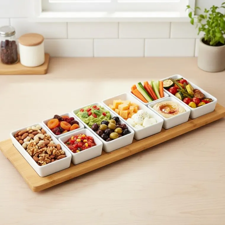 Home Styling Collection, Aion, porcelanowe miseczki na przekąski na bambusowej tacy, 9 elementów