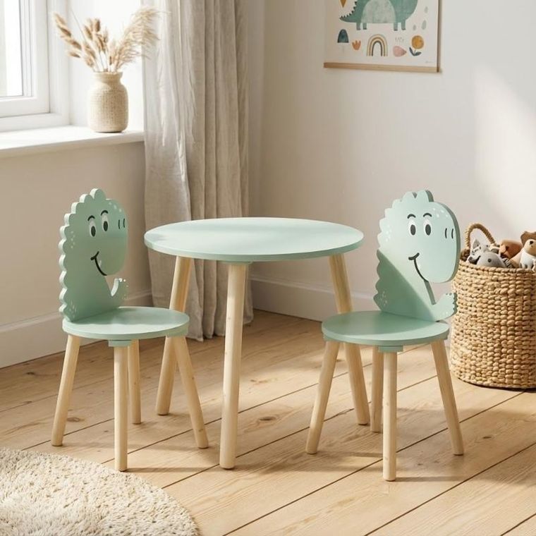 Home Styling Collection, drewniany stolik z 2 krzesełkami dla dzieci, motyw dinozaura, wys. 50 cm