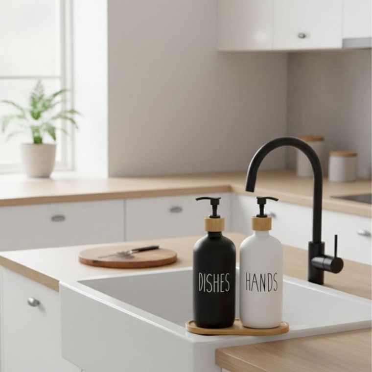 Home Styling Collection, Easy, dozownik na płyn do naczyń i mydło, na bambusowej tacce, 2-500 ml