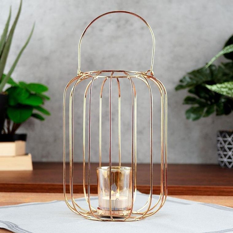 Home Styling Collection, lampion świecznik na świeczkę tealight, metalowy złoty, 21.5 cm