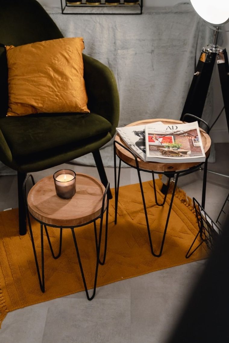 Home Styling Collection, stoliki kawowe z drewna tekowego, 2 szt., metalowy stelaż