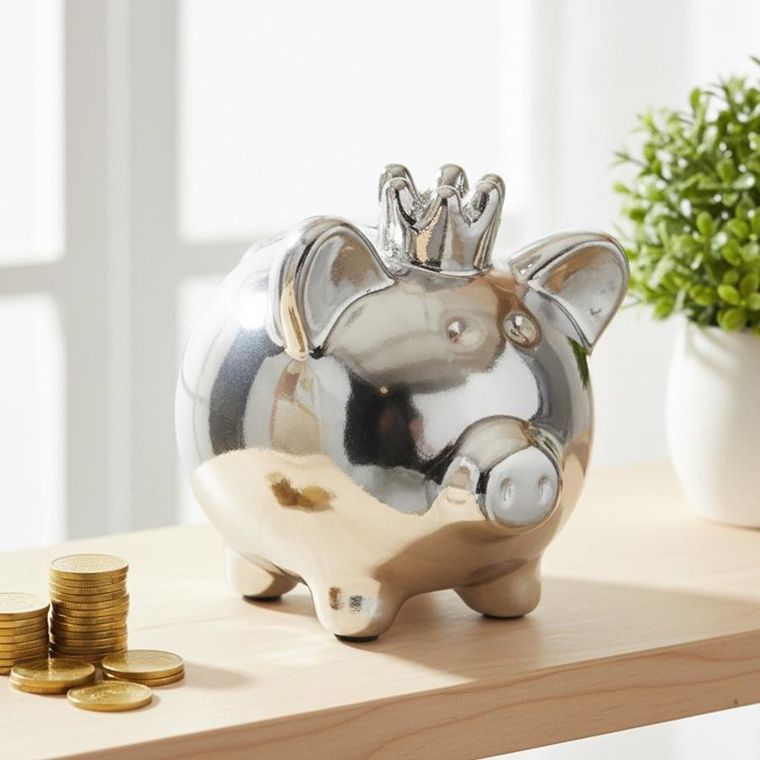 Home Styling Decoration, skarbonka, ceramiczna, srebrna, 9,5-7-8,5 cm