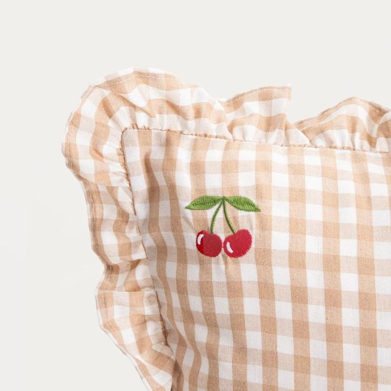 Homla, Abril, poszewka, beżowa w kratkę z ozdobnym haftem, 45-45 cm