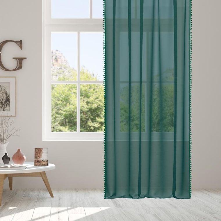 Homla, Adi, firanka, z pomponikami zielona, 140-250 cm