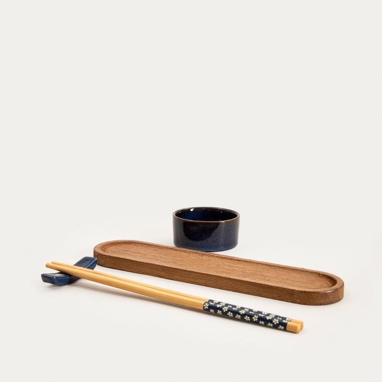 Homla, Akita, zestaw, do sushi z granatowymi miseczkami i akacjowymi deskami, 8 elementów