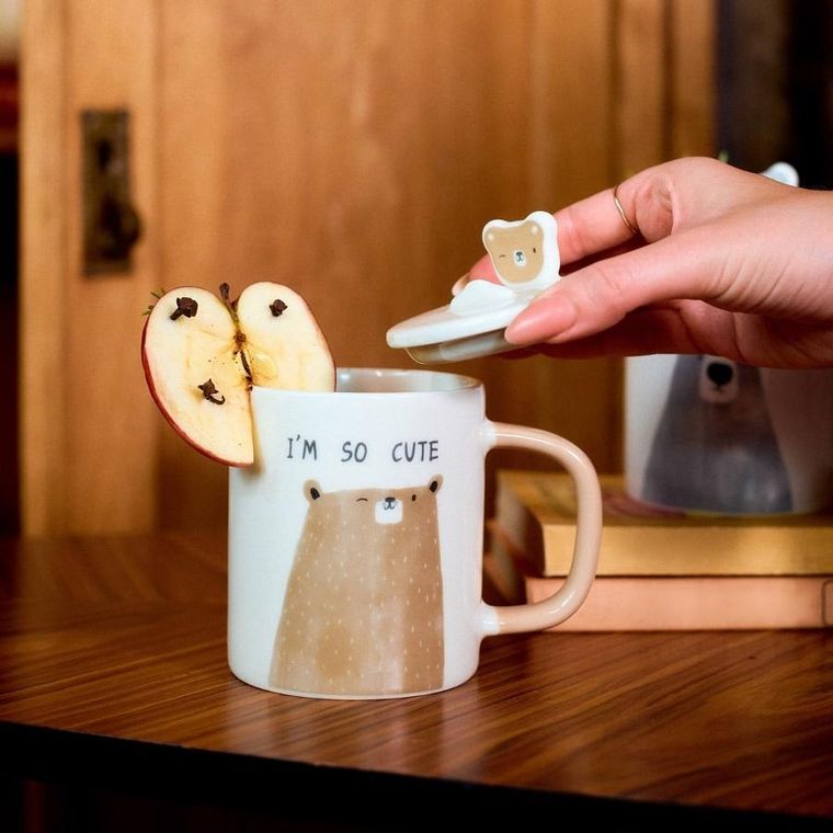 Homla, Batis, kubek, z brązowym misiem i porcelanową przykrywką, 0,35l