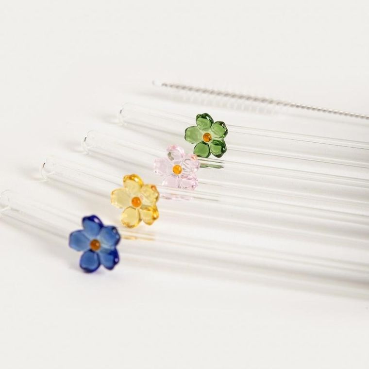 Homla, Blanca, zestaw słomek, z kolorowymi kwiatkami, 4 szt.