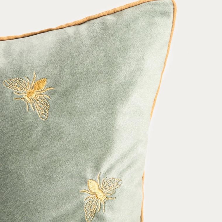 Homla, Camilla, poszewka, welurowa pistacjowa z haftowanymi pszczołami, 45-45 cm