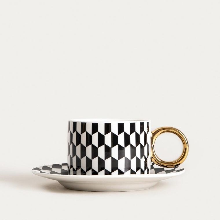 Homla, Lunya, filiżanka, ze spodkiem, czarno-białe wzorki, 0,2l