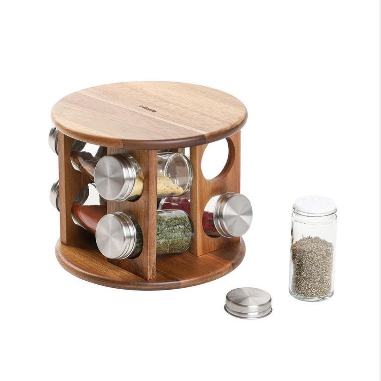 Homla, Mooka, zestaw przyprawników na akacjowym stojaku 8 słoiczków, 15-19 cm