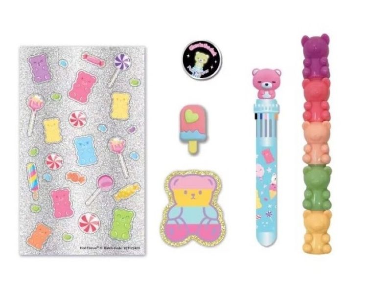 Hot Focus, długopis i zakreślacze w kosmetyczce, miś