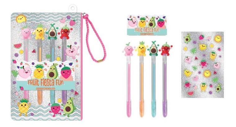 Hot Focus, długopisy żelowe z naklejkami, owoce, 4 szt.