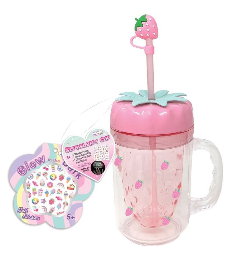 Hot Focus, kubek ze słomką i naklejkami, truskawka