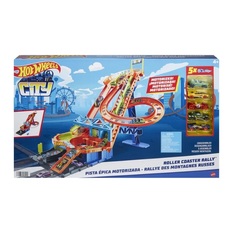 Hot Wheels City, Rajdowy Rollercoaster i 5 autek, zestaw z napędem + Mistrzowski skok na pętli GRATIS, zestaw promocyjny