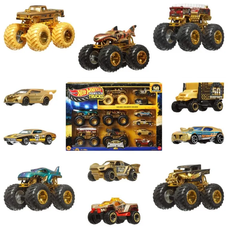 Hot Wheels, Monster Trucks, Bigfoot 50 rocznica, Monster Trucki i samochodziki, zestaw aut