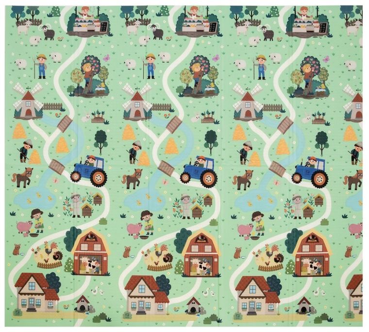 Humbi, dwustronna mata edukacyjna z pianki XPE, alfabet niemiecki i wieś, 180-200 cm