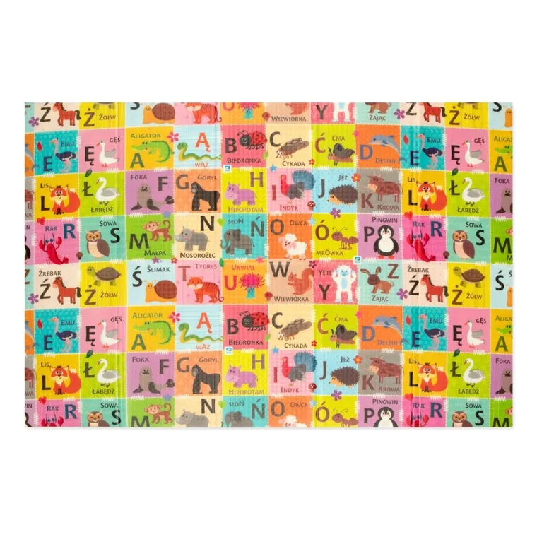 Humbi, dwustronna mata edukacyjna z pianki XPE, polski alfabet, kontrastowe obrazki, 120-180 cm