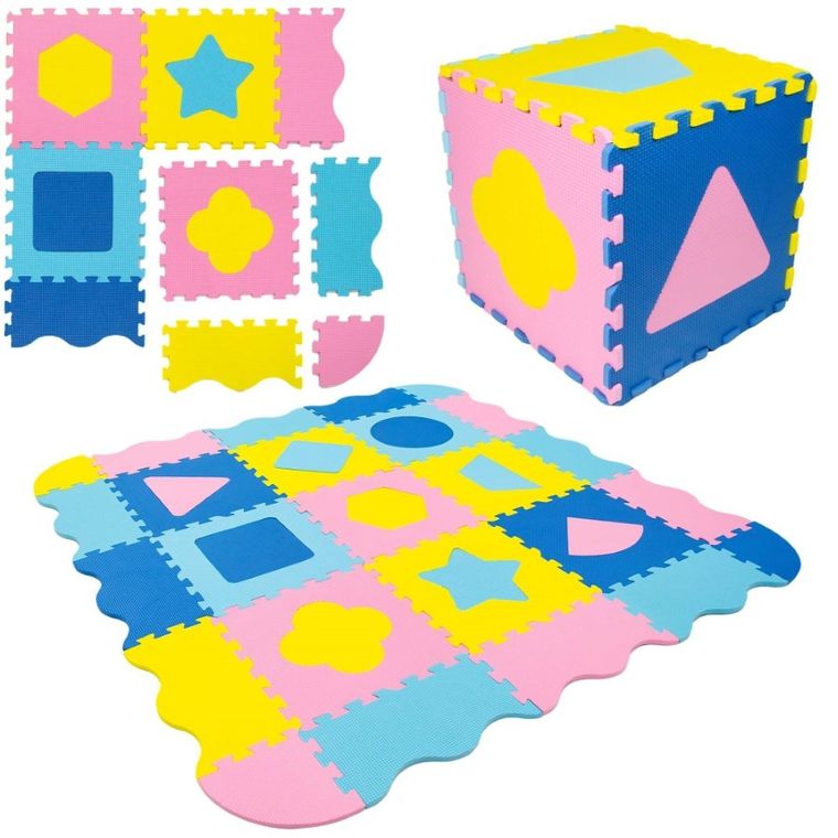 Humbi, mata piankowa, puzzle, kształty, żółty niebieski różowy, 120-120 cm