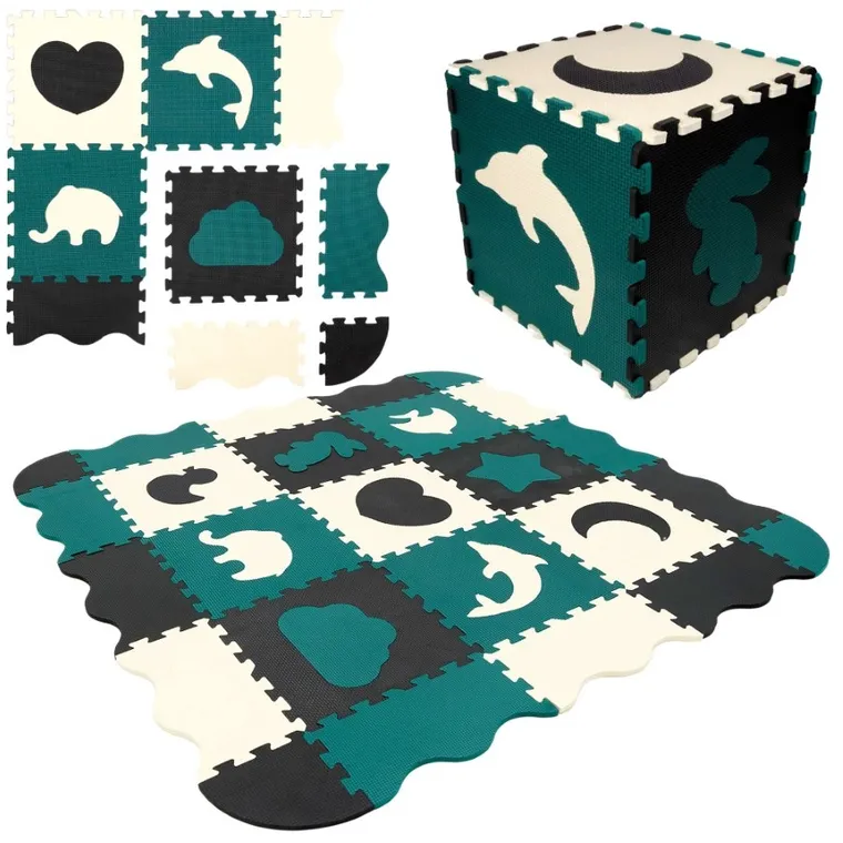 Humbi, mata piankowa, puzzle, kształty zoo, czarny kremowy ciemnozielony, 120-120 cm