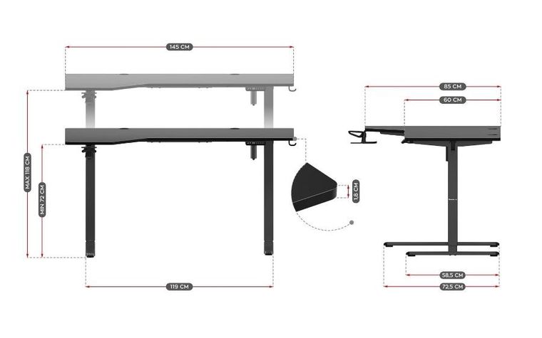 Huzaro, Hero 9.1, biurko gamingowe z regulacją wysokości, Black, 145 cm