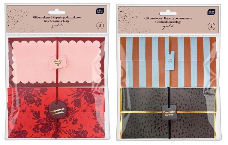 Interdruk, koperty podarunkowe, długie z gumką, złote, 2 szt.