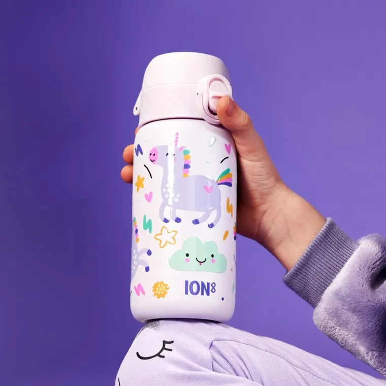 ION8, Jednorożec, stalowy bidon z ustnikiem, liliowy, 400 ml