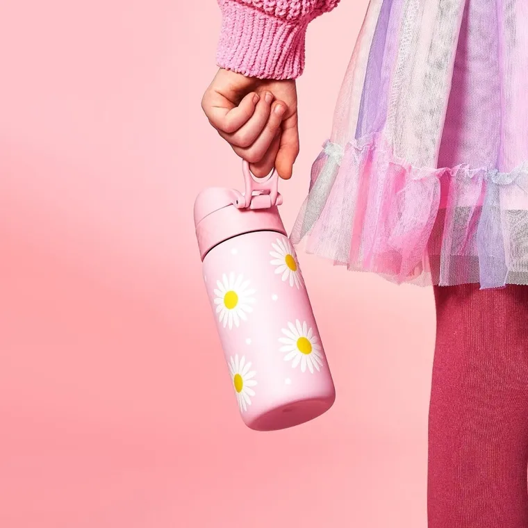 ION8, Kwiatki, bidon z ustnikiem ze stali nierdzewnej, różowy, 400 ml