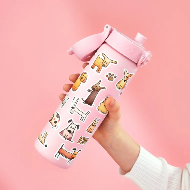 ION8, Pieski, bidon stalowy z ustnikiem, różowy, 600 ml