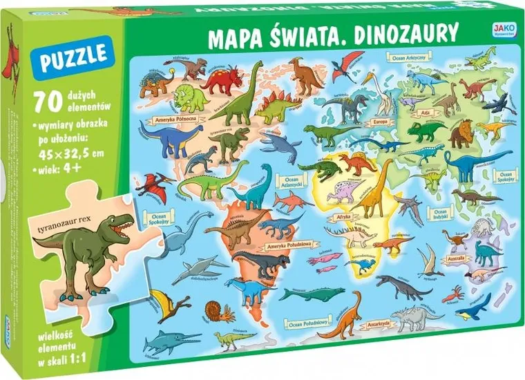 Jako, Mapa Świata, Dinozaury, puzzle, 70 elementów
