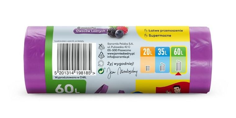 Jan Niezbędny, worki na śmieci z uszami, zapach owoców leśnych, 60l, 15 szt.