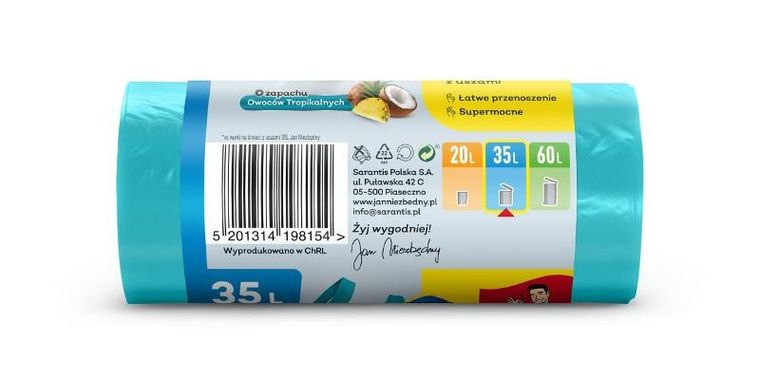 Jan Niezbędny, worki na śmieci z uszami, zapach owoców tropikalnych, 35l, 25 szt.