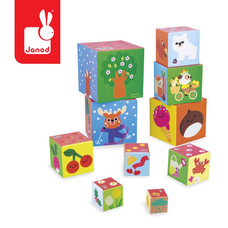 Janod, 4 Pory Roku, Piramida z drewnianymi figurkami, 10 elementów