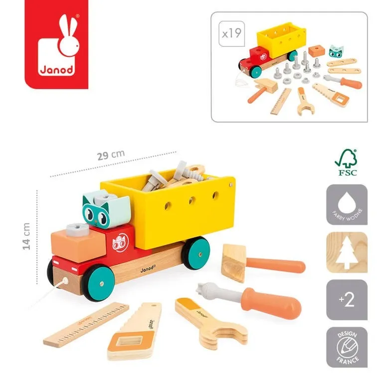 Janod, Brico ‘Kids, ciężarówka do składania, drewniany pojazd do ciągnięcia