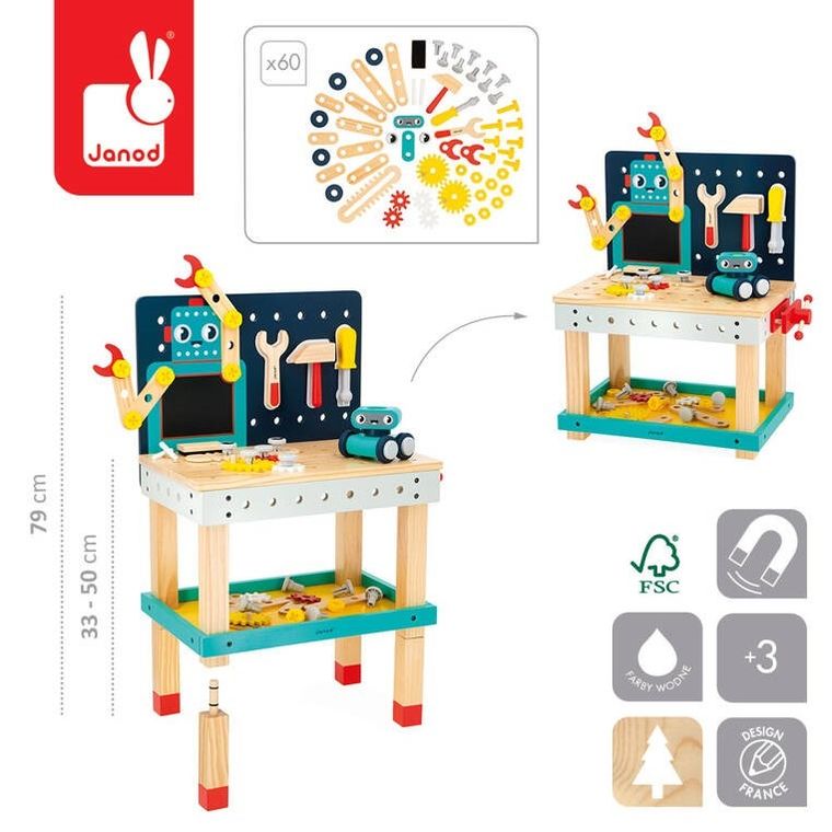 Janod, Brico ‘Kids, duży stolik, warsztat drewniany, magnetyczny, Robot