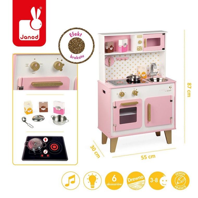 Janod, Candy Chic, kuchnia drewniana z dźwiękiem z 6 akcesoriami