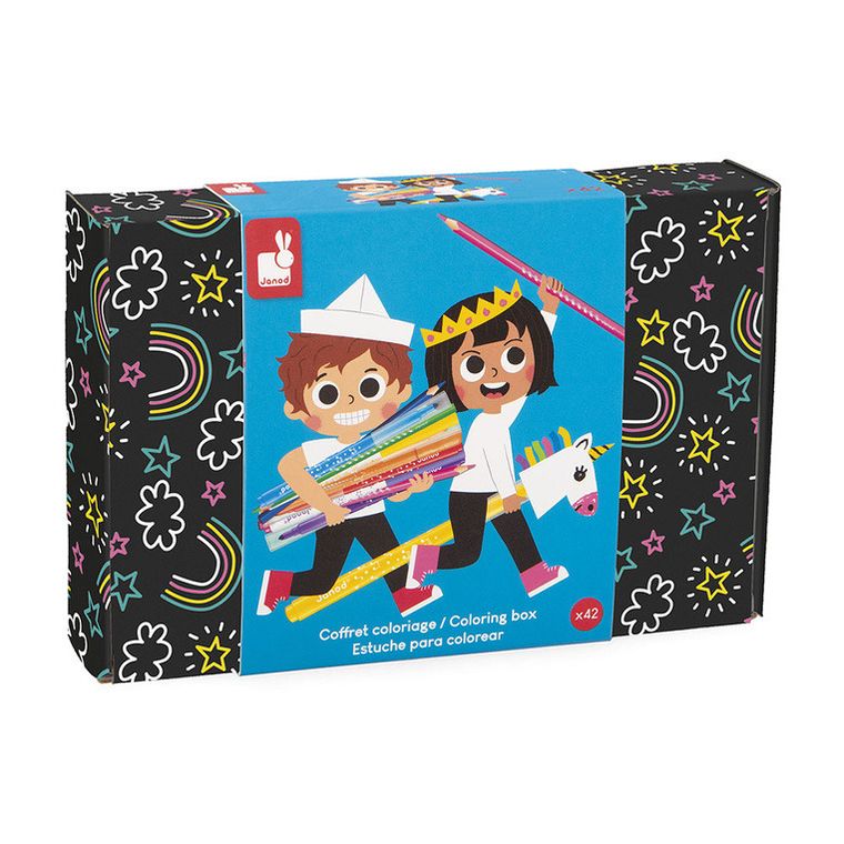 Janod, Coloring box, zestaw przyborów do kolorowania, 42 elementy