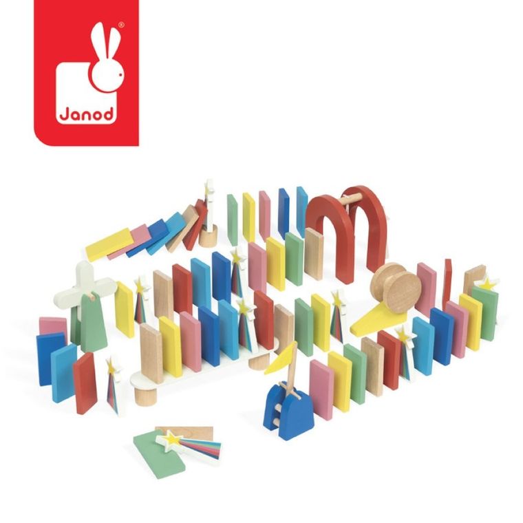 Janod, domino drewniane, tor przeszkód, gra zręcznościowa, 100 elementów