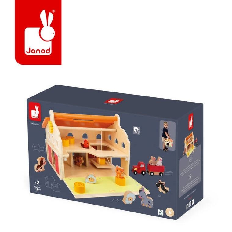 Janod, drewniana farma z otwieranym dachem i figurkami