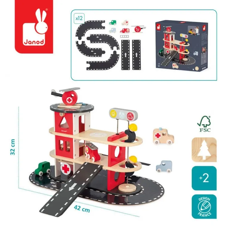 Janod, drewniana remiza strażacka, zestaw z akcesoriami