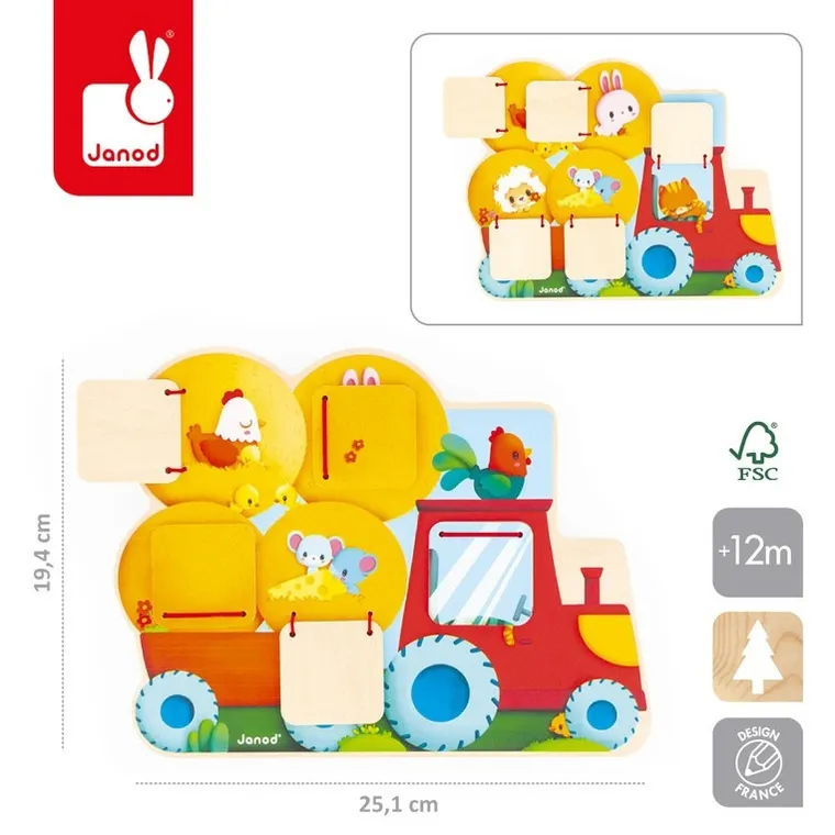 Janod, drewniana tablica szukaj i znajdź, traktor